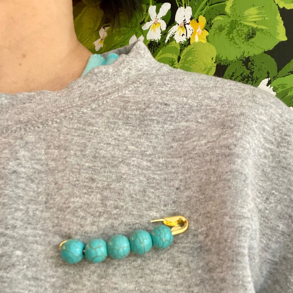 Gold-tone brass Safety Pin Brooch with Turquoise-Color Beads